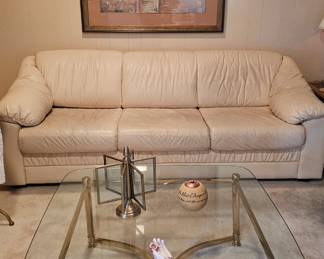 Mid-Century Modern Brass and Glass Top Coffee Table & Leather Three Seater Couch