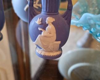 Vintage Small Blue Vase Blue Jasperware Japan Grecian Woman & Bird