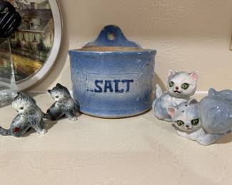 Two Vintage Goebel Porcelain Figurine„ Cat With Ladybird, Seated “ CK45A &
Vintage Cork Bottom Japan Gray Cat Salt & Pepper Shaker Set 