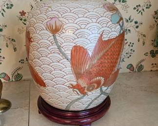 Pair of Japanese Koi Large Ginger Jars on Wooden Base 