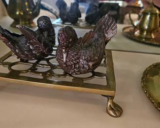 Pair of Brass Love Birds/Doves & Brass Footed Trivet