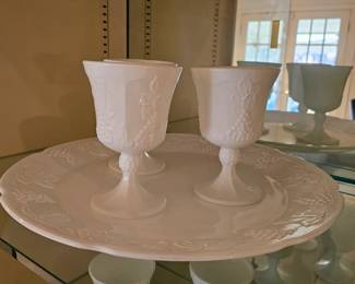 Vintage Colony Harvest Grape Milk Glass Set – Serving Tray & Goblets  | Indiana Glass White Embossed Glassware | Mid-Century 