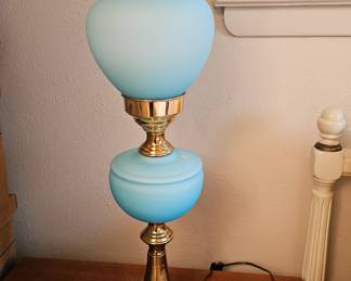 Blue Satin Glass Lamp with Ruffle Globe, Fenton?