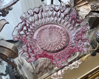 Antique  Fenton  Cranberry Coin Dot Ruffled  Plate