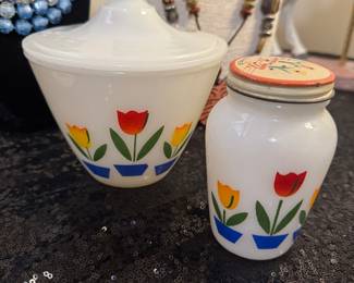 Vintage Fire King TULIPS Grease Jar w/Lid Milk Glass & Shaker