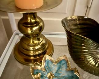 Vintage Lefton China Green & Gold Leaf Shaped Butterfly Trinket Dish & Large Brass Pillar Candle Holder