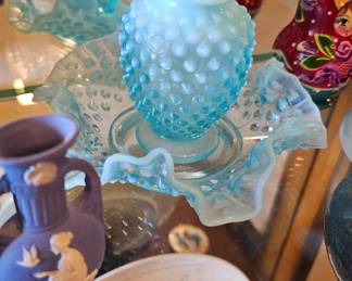 Small Fenton Blue Opalescent Hobnail Bud Vase Ruffled Neck 