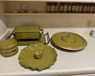 Vintage MCM Metal Avocado Stacking Canisters,  Chip & Dip Plate, Serving Tray, Circular Serving Tray with Dip Compartment  & Chafing Dish