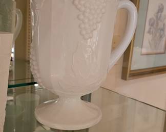 Vintage Indiana Glass Milk Glass Pedestal Pitcher with Colony Harvest Pattern. Footed Pitcher with Grape/Leaf Design.