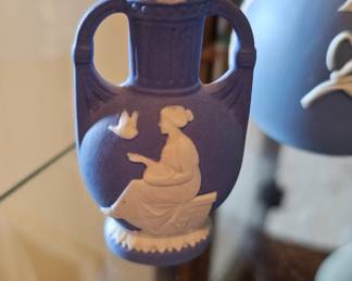 Vintage Small Blue Vase Blue Jasperware Japan Grecian Woman & Bird