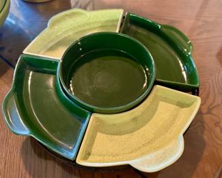 Vintage California Pottery Lime/Forest Green Chip and Dip/Appetizer Set on Lazy Susan