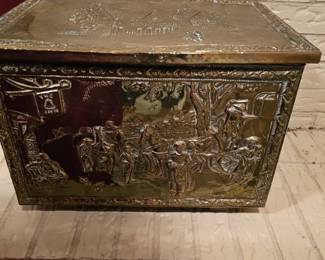 Vintage Embossed Brass Over Wood Kindling Scuttle Storage Box Chest Trunk