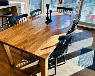 Antique oak “Thresher Floor Table” hand planed, mortise & tenon construction.
84” long x 41” wide x 30” high.
Plus 2 x 18” leaves
