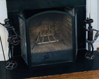 Fireplace screen and Don Quixote figural sculptures (R and L)