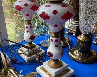 Vintage Czechoslovakian White Cut Cranberry Art Glass Lamps with Marble base - pair of lamps