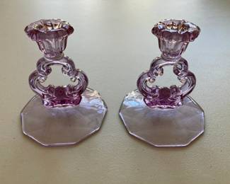 RARE ! Cambridge Glass Portia Heatherbloom candlesticks