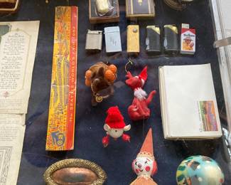 Vintage lighters, Worlds Fair souvenir, French alarm clock, Vintage flocked ornaments