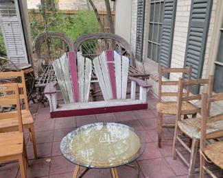 vintage patio swing, chairs