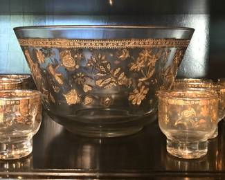 TW185VVintage Glass Gold Toned Punch Bowl And Cups