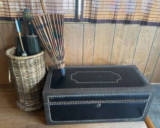 TW180VVintage Brass Wrapped Trunk, Asian Paper Umbrellas, Hanging Scroll Art And More