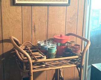 TW188Bamboo cart, drinkware, and embroidered art