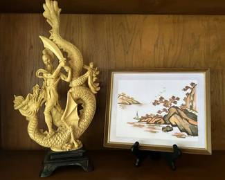 TW112Vintage Asian Art Sculpture and Framed Art 