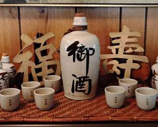 TW137Japanese Sake Set And Wicker Tray