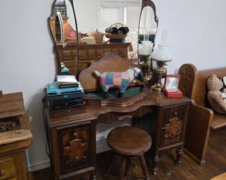 Antique Walnut Vanity Desk with Trifold Mirror