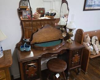 Antique Walnut Vanity Desk with Trifold Mirror