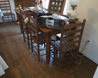 Farmhouse Dining Table; 5 Slat Chairs and Bench