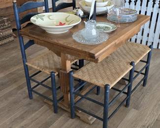 Farmhouse Dining Table; 5 Slat Chairs and Bench