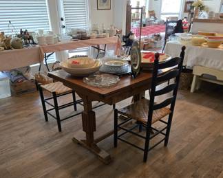 Small Antique Dining Table with Sliding Extensions; Wicker Chairs and Bench