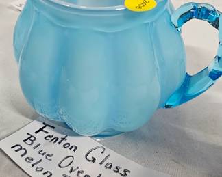FENTON GLASS BLUE OVERLAY MELON PITCHER