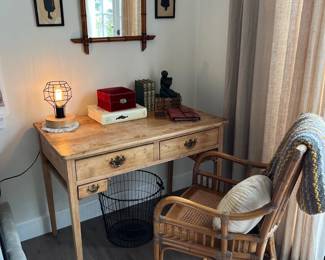Antique Pine Desk ~ Bamboo Caned Armchair