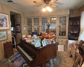 Wurlitzer Baby Grand Piano, This pink Carnival Glass Bubble lamp is beautiful lit up!