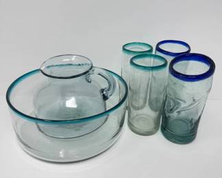 85 HandblownMexicanGlasswareSetCrimpedGlassesPitcherBowl