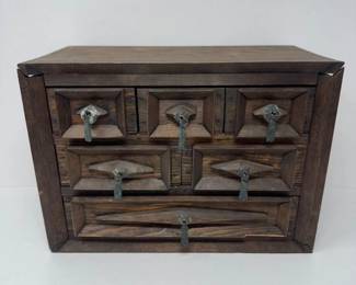 35 MidCenturyRusticWoodJewelryTrinketBoxMultiDrawerStorage
