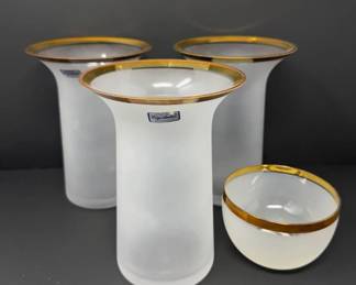 16 3VintageBohemiaCrystalexFrostedGlassVasesMatchingBowl