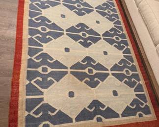 40 HandwovenWoolRugGeometricBlueRustRedBorderFringeEdge