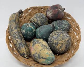 43 ChalkwareFruitBasketinWovenTrayRusticFarmhouseDecor