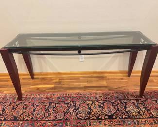 31 GlassTopConsoleTableBlackMetalAccentsCurvedFrameDesign