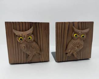 54 PairofWoodenOwlBookendswMetalSupport