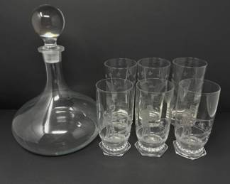 66 EtchedGlassDecanterSetAntiqueHuntingDogsEagleGlasses