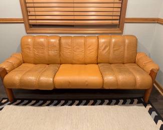 58 MidCenturyModernStyleTeakOrangeUpholsteredSofa