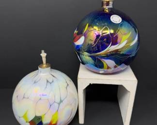 67 PairofPolishHandBlownGlassOilLampsVibrantIridescentDesign