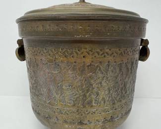 44 AntiqueMetalLiddedVesselHandEtchedOrnateDesignwHandles