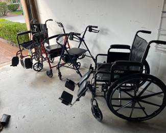 From left to right companion wheelchair to walkers and a regular wheelchair