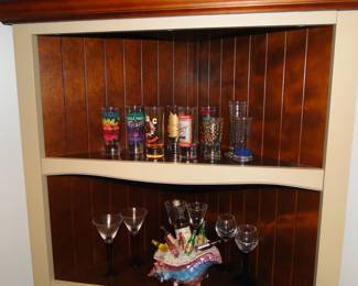 Decorative set of shot glasses, never used, and wine service caddy