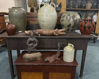 Thomas Chandler, Edgefield District, Decorated Jar, Early Two Handle Jug, Folk Art Carving of Alligator, Painted Southern Server, Southern Chest. 