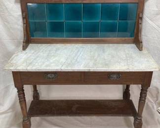Mahogany Marble-Top Washstand with Tile Backsplash